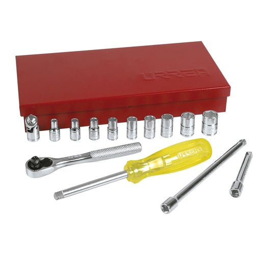 [47112] Juego de dados y accesorios cuadro de 1/4" en pulgadas, 16 piezas Urrea