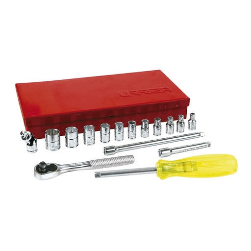 [47111] Juego de dados y accesorios cuadro de 1/4" en pulgadas, 17 piezas Urrea
