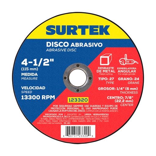 [123320] Disco abrasivo tipo 27 para metal 4-1/2" x 1/4" Surtek