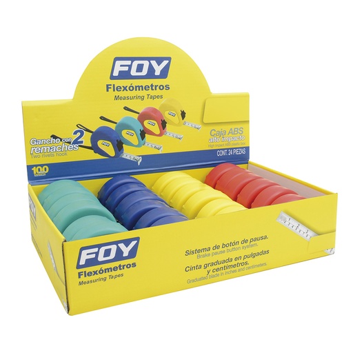 [142132] Flexómetros con carcasa de plástico colores en display 5 m x 3/4" Foy 12 piezas