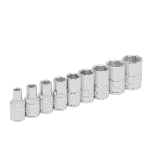 [47207] Juego de dados cuadro de 1/4", 6 puntas, métricos, 9 piezas Urrea
