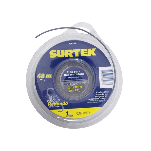 [130267] Nailon redondo para desbrozadora doble blíster, 3.3 mm x 48 m Surtek