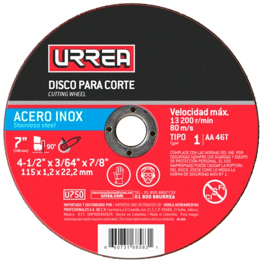 [U750] Disco abrasivo tipo 1 para acero inoxidable, 4-1/2" x 3/64" Urrea