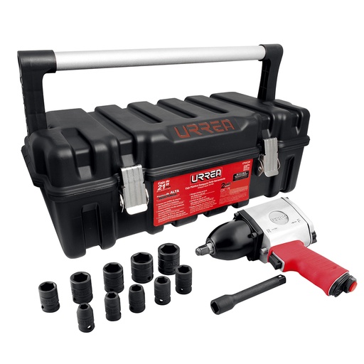 [UP734HK] Juego de pistola de impacto neumática cuadro de 1/2" y accesorios en pulgadas, 13 piezas Urrea