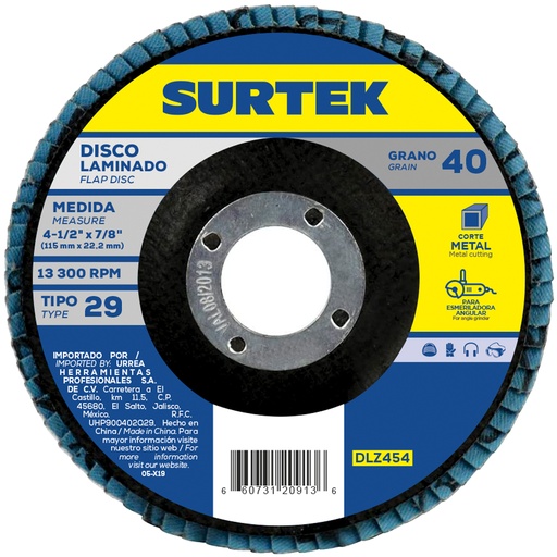 [DLZ454] Disco laminado tipo 29 grano 40, 4-1/2" Surtek