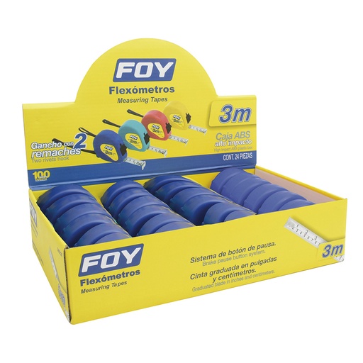 [142129] Flexómetros con carcasa de plástico azul en display 3 m x 1 Foy