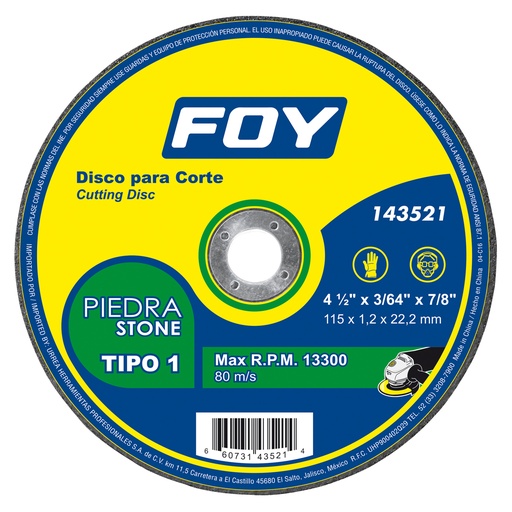 [143521] Disco abrasivo tipo 1 para piedra 4-1/2" x 1.2 mm Foy