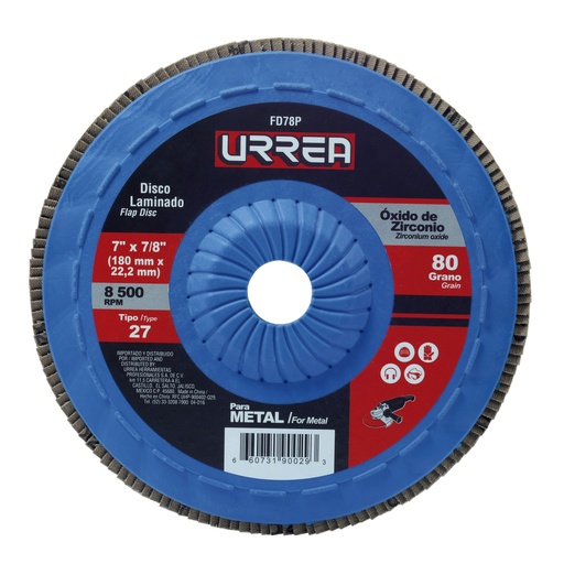 [FD78P] Disco laminado tipo 27 grano 80 con respaldo plástico, 7" Urrea