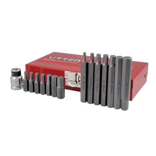 [J2415M] Juego de puntas hexagonales hexágono de 3/8" mét, con adaptador, 15 pz en caja metalica Urrea