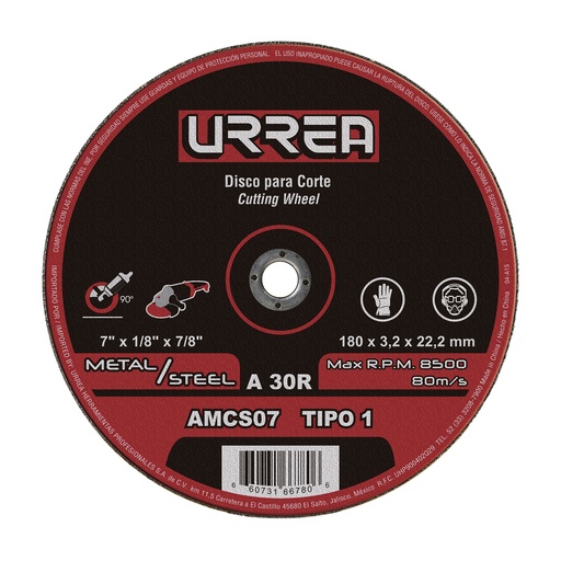 [AMCS07] Disco abrasivo tipo 1 para metal 7" x 1/8" Urrea