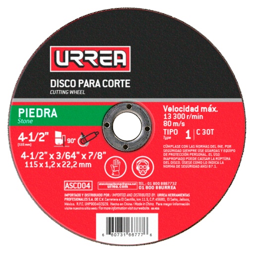 [ASCD04] Disco abrasivo tipo 1 para piedra 4-1/2" x 3/64" Urrea