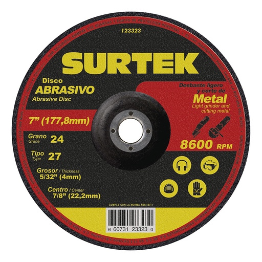 [123323] Disco abrasivo tipo 27 para metal 7" x 5/32" Surtek