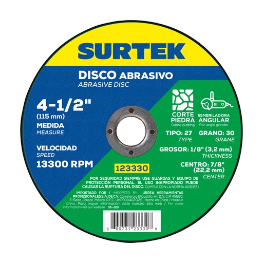 [123330] Disco abrasivo tipo 27 para piedra 4-1/2" x 1/8" Surtek