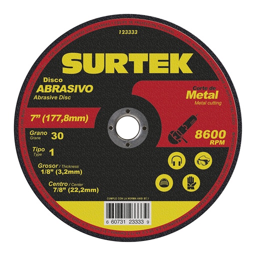 [123333] Disco abrasivo tipo 1 para metal 7" x 1/8" Surtek