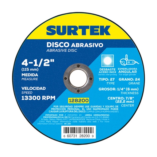 [128200] Disco abrasivo tipo 27 para metal 4-1/2" x 1/4" Surtek