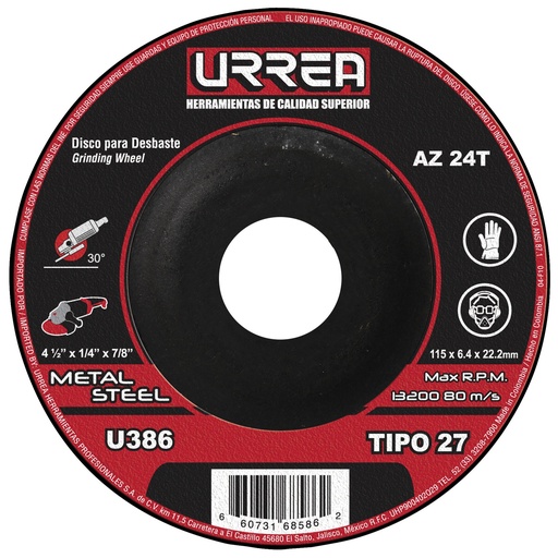 [U386] Disco abrasivo tipo 27 para metal, 4-1/2" x 1/4" Urrea