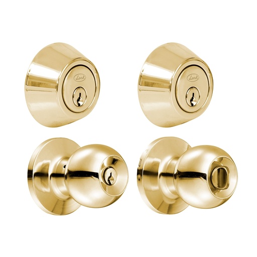 [14CB] Combo de pomo tubulares de bola función doble, latón brillante, llave estándar, blíster Lock