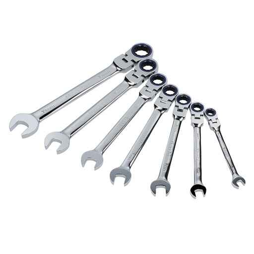 [12MF7M] Juego de llaves combinadas pulido espejo de matraca flex mét, 12 puntas,7 pz en rack Urrea