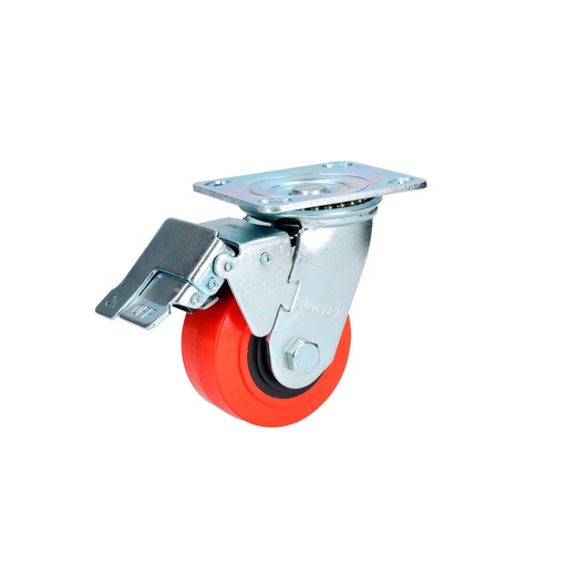 [RR10B] Rodaja de poliuretano rojo giratoria con freno 4" Surtek