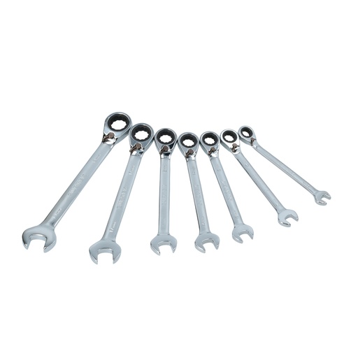 [100574] Juego de llaves combinadas pulido espejo de matraca rev en pulg, 12 puntas,7 pz en rack Surtek