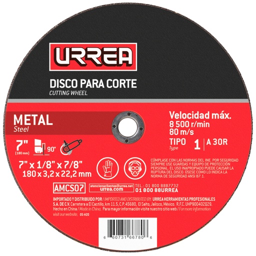 [AMCS04] Disco abrasivo tipo 1 para metal, 4-1/2" x 1/16" Urrea
