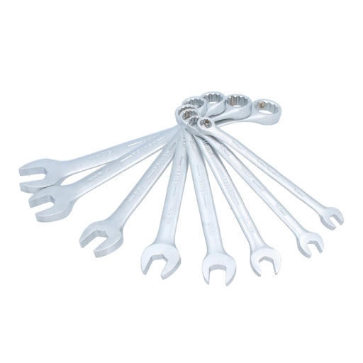 [1200BMA] Juego de llaves combinadas satinadas métricas, 12 puntas, 8 piezas en rack Urrea