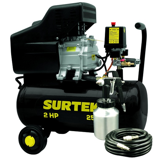 [COMP425K] Compresor de aire eléctrico lubricado con pistola y manguera 25L, 2HP, 127V Surtek
