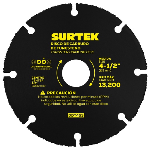 [DDT45S] Disco de diamante multi-corte punta de carburo de tungsteno, 4-1/2" Surtek