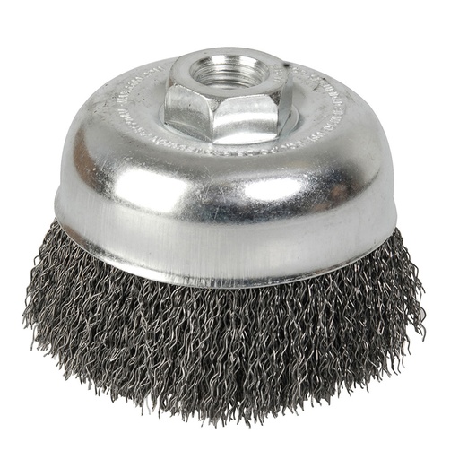 [C301] Carda copa ondulada alambre delgado 4" x 0.35 mm con rosca 5/8" Foy