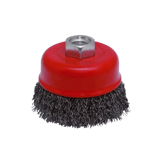 [C814] Carda copa ondulada alambre delgado 4" x 0.35 mm con rosca 5/8" Urrea