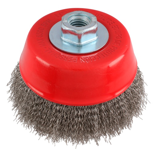 [C942] Carda copa ondulada alambre grueso de acero inoxidable 5" x 0.50 mm con rosca 5/8" Urrea