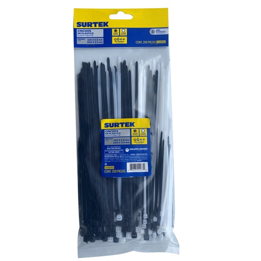 [114250] Cinchos de plásticos combinados en bolsa, tensión 8kg de 200 piezas, color natural y negro Surtek
