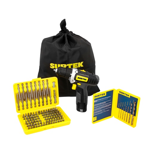 [JTI4] Juego de taladro y atornillador a batería Li-ion 12 V, 4 piezas en morral Surtek