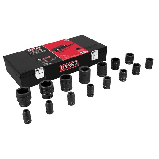 [7402C] Juego de dados de impacto cuadro de 1/2", 6 puntas, en pulgadas, 15 piezas en caja Urrea