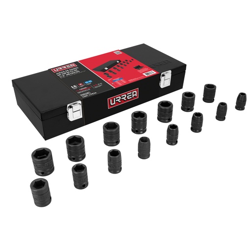 [7401MC] Juego de dados de impacto cuadro de 1/2", 6 puntas, métricos, 15 piezas Urrea