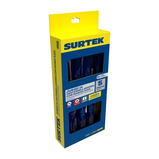 [D01PC] Juego de destornilladores con mango azul combinados, 5 piezas en caja Surtek