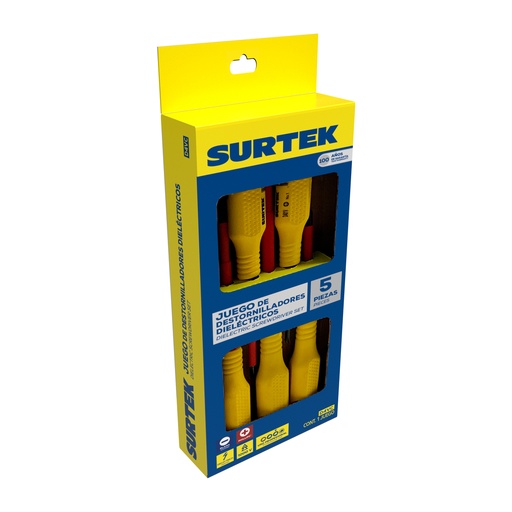 [D4VC] Juego de destornilladores con mango amarillo dieléctricos 1000 V combinados, 5 piezas con caja Surtek