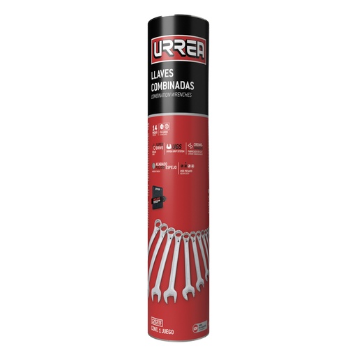 [1202TF] Juego de llaves combinadas pulido espejo en pulgadas, 12 puntas, 14 pz en tubo full color Urrea