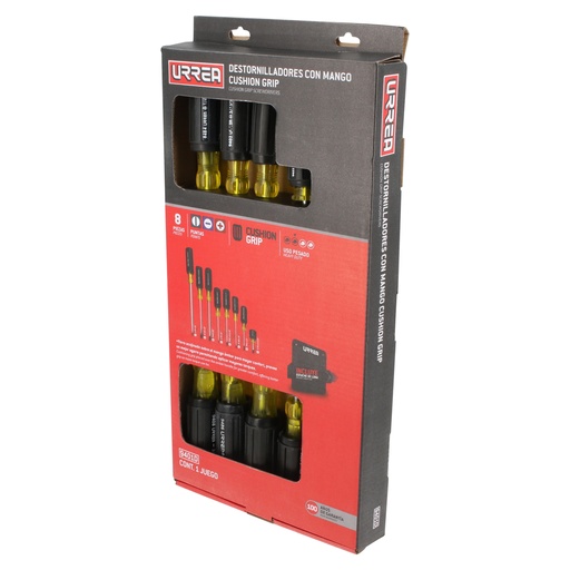 [9401D] Juego de destornilladores con mango cushion grip, combinados, 8 piezas en caja de cartón Urrea