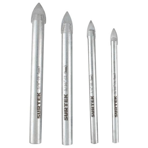 [JBVS4] Juego de brocas para vidrios y azulejos de acero con cabeza de carburo de tungsteno, 4 pz Surtek