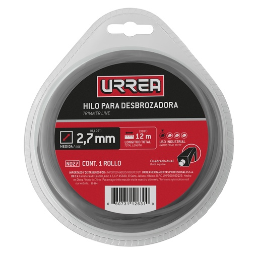 [ND27] Nailon cuadro dual para desbrozadora doble blister, 2.7 mm x 12 m Urrea