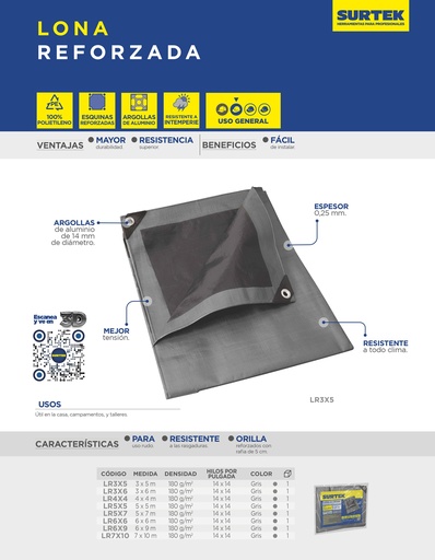 [LR5X5] Lona de polietileno reforzada color gris, 5 x 5 m Surtek