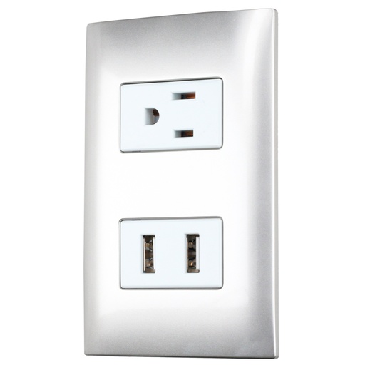 [P432P] Placa 1 contacto 1 USB doble 1/3, línea Americana, color plata Surtek