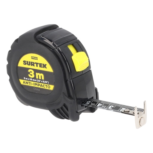 [FMA3] Flexómetro con carcasa anti-impacto cinta color negro 3 m x 16 mm Surtek