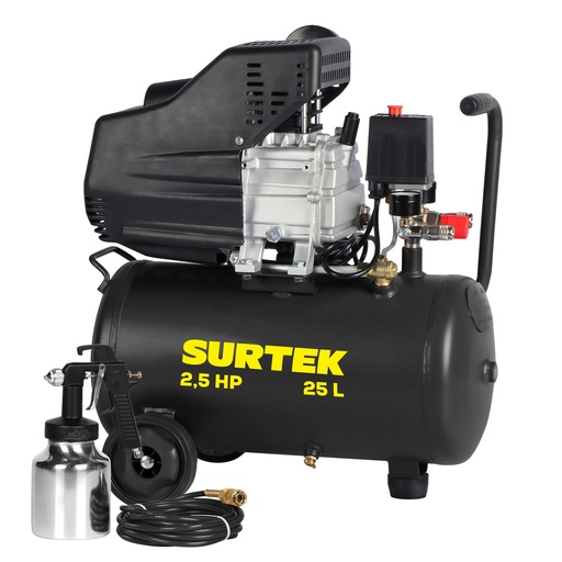 [CMP525K] Compresor de aire eléctrico lubricado con pistola y manguera 25 Lt 2.5 HP, 120 V Surtek