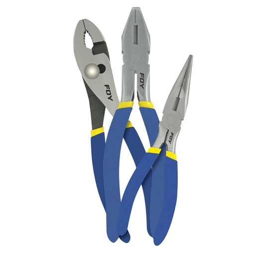 [142027] Juego de pinzas para electricista con mango doble plastisol, 3 piezas Foy