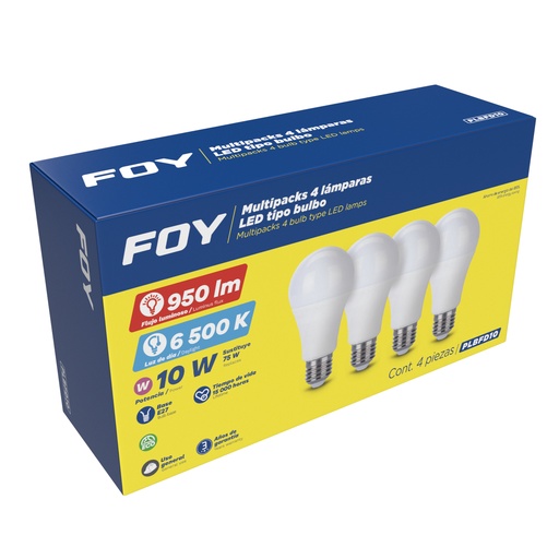 [PLBFD10] Paquete de 4 lámparas de LED tipo bulbo A19, 10 W luz de día Foy