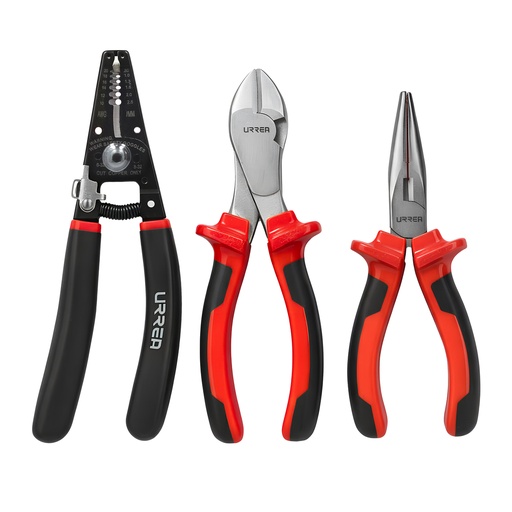 [JE3N] Juego de pinzas para electricista con mango bimaterial con pinza nariz larga, 3 piezas Urrea