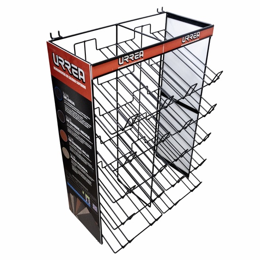 [RLIJP1] Rack despachador de mostrador y panel perforado para lijas, 10 charolas, 65 cm x 50 cm Urrea