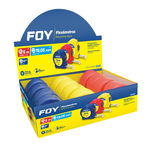 [FPFD5] Flexómetros con carcasa de plástico colores en display, 5 m x 19 mm Foy